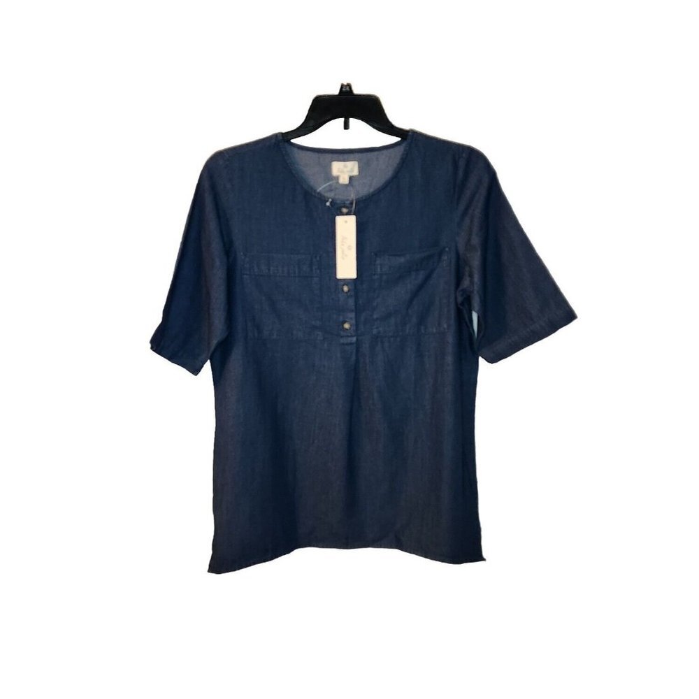 Tres Jolie Chambray Denim Top Size Medium Pockets Indigo Blue Partial Bu…